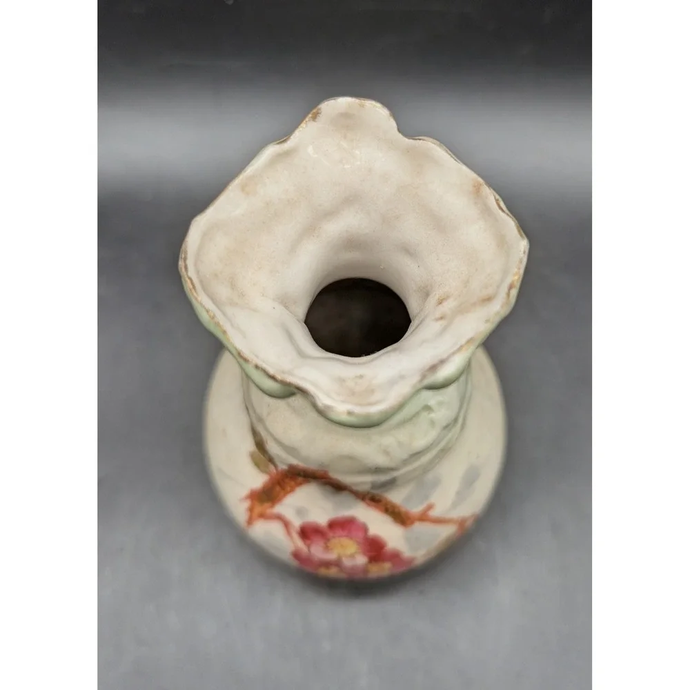 Antique Hand Painted Floral Porcelain Miniature Bud Vase Ruffled Rim 2-Handle